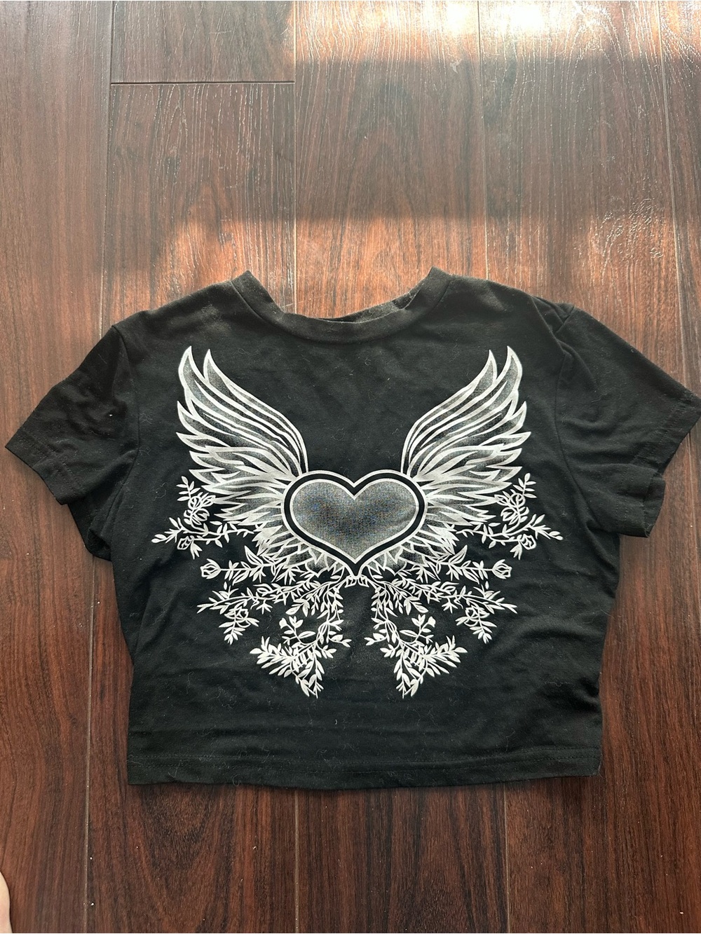 SHEIN Black Crop Top with White Winged Heart Graphic